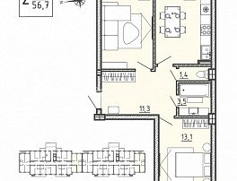 2-комнатная квартира, 56.7 м2