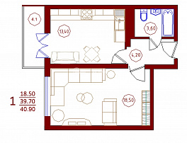 1-комнатная квартира, 40.9 м2