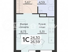 1-комнатная квартира, 26.59 м2