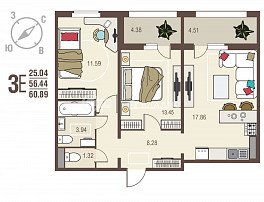 2-комнатная квартира, 60.89 м2