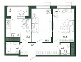 2-комнатная квартира, 54.4 м2