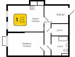 1-комнатная квартира, 42.86 м2