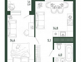 1-комнатная квартира, 39.7 м2