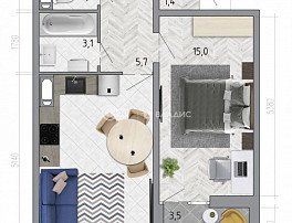 1-комнатная квартира, 46.9 м2