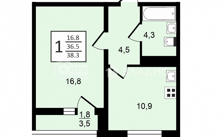 1-комнатная квартира, 38.3 м2, эт. 4, id: 948297, фото 10