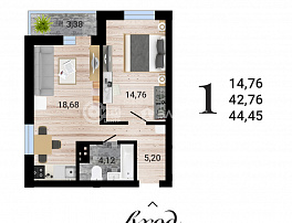 1-комнатная квартира, 44.45 м2