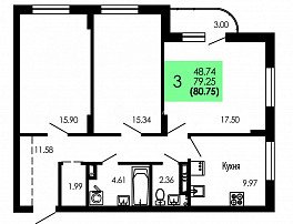 3-комнатная квартира, 80.75 м2