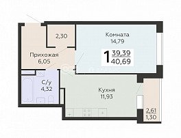 1-комнатная квартира, 40.69 м2