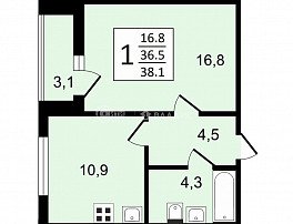 1-комнатная квартира, 38.1 м2