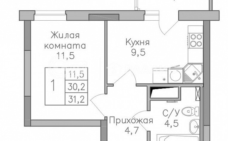 1-комнатная квартира, 31.2 м2, эт. 13, id: 1083525, фото 10