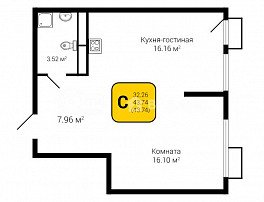 1-комнатная квартира, 43.74 м2