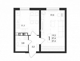 1-комнатная квартира, 37.4 м2