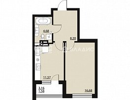 1-комнатная квартира, 42.62 м2
