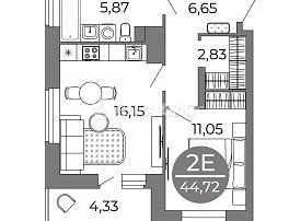 2-комнатная квартира, 44.72 м2