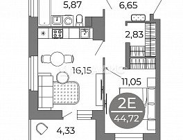 2-комнатная квартира, 44.72 м2