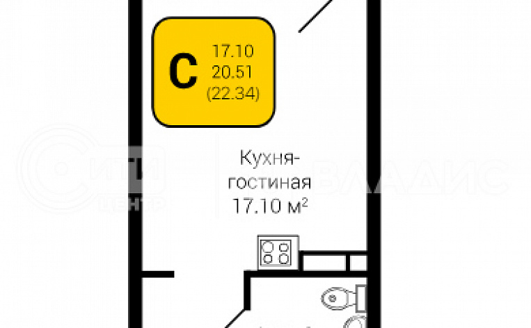 1-комнатная квартира, 22.57 м2, эт. 7, id: 888223, фото 7