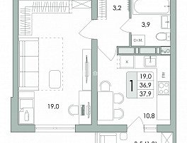 1-комнатная квартира, 37.9 м2