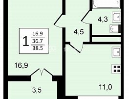 1-комнатная квартира, 38.5 м2