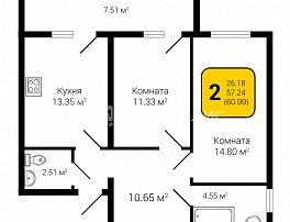 2-комнатная квартира, 60.99 м2