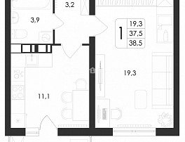 1-комнатная квартира, 38.5 м2