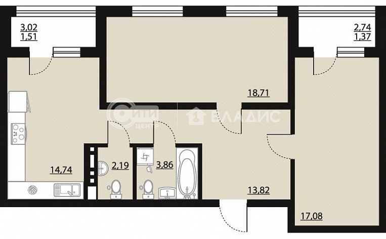 2-комнатная квартира, 73.22 м2, эт. 8, id: 1072801, фото 10
