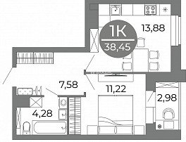 1-комнатная квартира, 38.45 м2