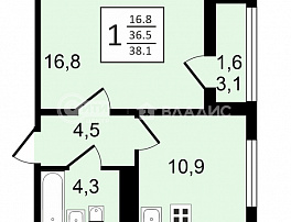 1-комнатная квартира, 38.1 м2