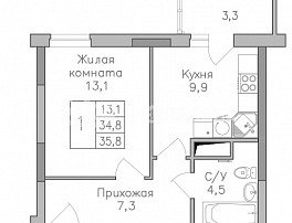 1-комнатная квартира, 35.8 м2