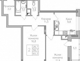 2-комнатная квартира, 61.2 м2