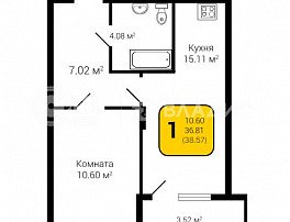 1-комнатная квартира, 38.57 м2