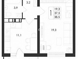 1-комнатная квартира, 38.5 м2