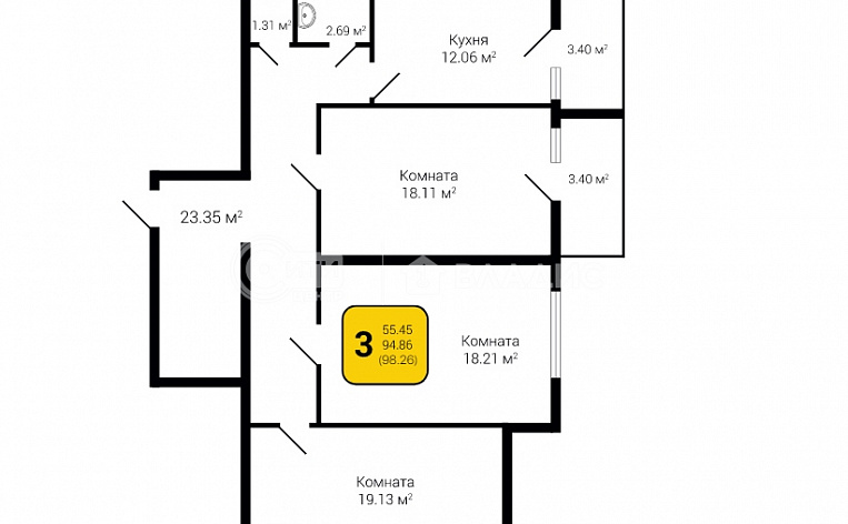 3-комнатная квартира, 98.26 м2, эт. 2, id: 756779, фото 5