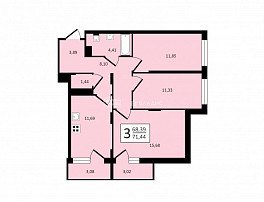 3-комнатная квартира, 71.44 м2