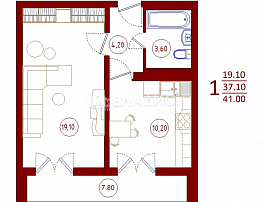 1-комнатная квартира, 41 м2