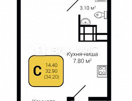 1-комнатная квартира, 34.2 м2