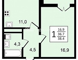 1-комнатная квартира, 38.4 м2