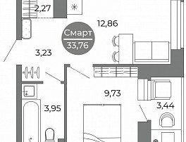 1-комнатная квартира, 33.76 м2