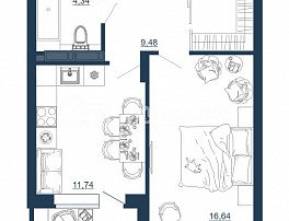 1-комнатная квартира, 44.3 м2