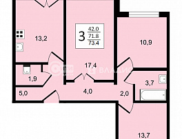 3-комнатная квартира, 73.4 м2