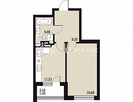1-комнатная квартира, 42.55 м2