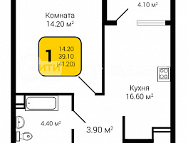 1-комнатная квартира, 41.2 м2