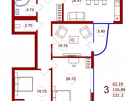 1-комнатная квартира, 121.2 м2