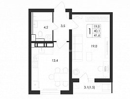 1-комнатная квартира, 41.6 м2