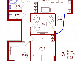 1-комнатная квартира, 120.8 м2