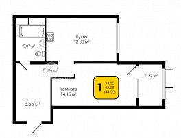 1-комнатная квартира, 44.95 м2
