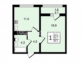 1-комнатная квартира, 38.3 м2