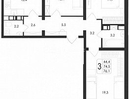 3-комнатная квартира, 76.1 м2