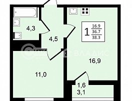 1-комнатная квартира, 38.3 м2