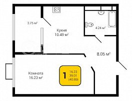 1-комнатная квартира, 40.89 м2