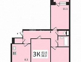 3-комнатная квартира, 61.6 м2